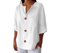 Camiseta con cuello en V para mujer - Blusas de mujer de verano de algodón lino camiseta Button Down cierre frontal Blusa al codo color liso Summer Tops ligeras cómodas blusas versátiles adelgazan la