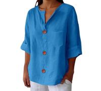 Camiseta con cuello en V para mujer - Blusas de mujer de verano de algodón lino camiseta Button Down cierre frontal Blusa al codo color liso Summer Tops ligeras cómodas blusas versátiles adelgazan la