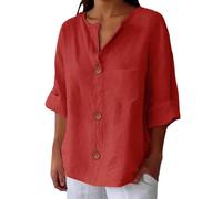 Camiseta con cuello en V para mujer - Blusas de mujer de verano de algodón lino camiseta Button Down cierre frontal Blusa al codo color liso Summer Tops ligeras cómodas blusas versátiles adelgazan la