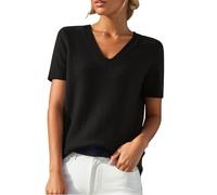 Camiseta con cuello en V para mujer - Crop Top para mujer, blusa de color puro, manga corta, camiseta de manga corta, camiseta de primavera de verano, camisa transpirable, camisetas casuales, Negro