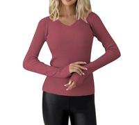 Camiseta con cuello en V para mujer, para otoño e invierno, cálida, manga larga, térmica, talla grande, capa base, suave, acogedora, transpirable, ajuste holgado, diario, casual, camiseta básica para