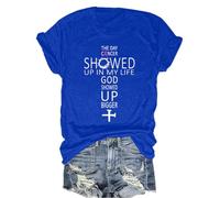 Camiseta con cuello en V The Day Cancer Showed Up in My Life God Showed Up Bigger, Azul zafiro-1, S