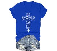 Camiseta con cuello en V The Day Cancer Showed Up in My Life God Showed Up Bigger, Azul zafiro con cuello en V, S