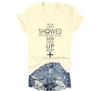 Camiseta con cuello en V The Day Cancer Showed Up in My Life God Showed Up Bigger, Cuello en V amarillo cremoso, S