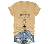 Camiseta con cuello en V The Day Cancer Showed Up in My Life God Showed Up Bigger, Cuello en V caqui, S