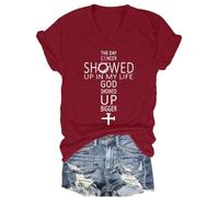 Camiseta con cuello en V The Day Cancer Showed Up in My Life God Showed Up Bigger, Cuello en V color clarete, S