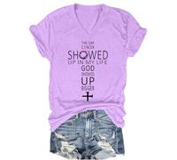 Camiseta con cuello en V The Day Cancer Showed Up in My Life God Showed Up Bigger, Cuello en V morado claro, S