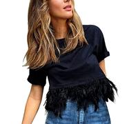 Camiseta con dobladillo de pluma para mujer 2025 con acabados de plumas deportivas de moda tops anchos para salir camisetas recortadas camisas casuales lindo color sólido Y2K camisetas crop camisetas