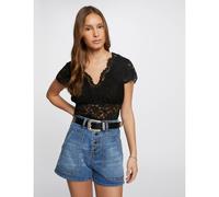 Camiseta con encaje, cuello de pico Mujer Talla L. Color Negro
