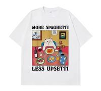 Camiseta con Estampa de Gato Graciosa y Texto More Spaghetti Less UPSETTI Casual Tendencia Manga Corta Algodón Suave Transpirable para Quotidiano Salidas