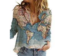 Camiseta con estampado 3D de mapa del mundo para mujer, casual, holgada, con botones en la parte delantera, camisa con cuello en V, manga corta, casual, azul (Blue Map), Large