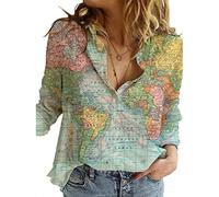 Camiseta con estampado 3D de mapa del mundo para mujer, casual, holgada, con botones en la parte delantera, camisa con cuello en V, manga corta, casual, Mapa verde claro, X-Large