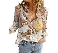 Camiseta con estampado 3D de mapa del mundo para mujer, casual, holgada, con botones en la parte delantera, camisa con cuello en V, manga corta, casual, Mapa de albaricoque, Medium