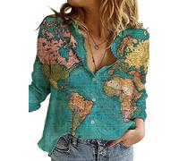 Camiseta con estampado 3D de mapa del mundo para mujer, casual, holgada, con botones en la parte delantera, camisa con cuello en V, manga corta, casual, verde (Green Map), Small