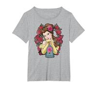 Camiseta con estampado de Bella y Rosas de La Bella y la Bestia de Disney Camiseta, Mujer tallas grandes, Gris Jaspeado, 5XL Grande