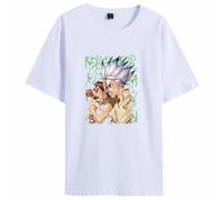 Camiseta con estampado de dibujos animados de personajes de anime Dr.Stone, camiseta de verano informal de algodón refrescante para fanáticos del manga y cosplay, blanco, 3XL