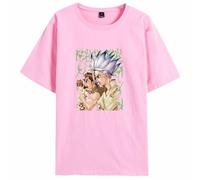 Camiseta con estampado de dibujos animados de personajes de anime Dr.Stone, camiseta de verano informal de algodón refrescante para fanáticos del manga y cosplay, rosa, 3XL