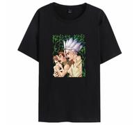 Camiseta con estampado de dibujos animados de personajes de anime Dr.Stone, camiseta de verano informal de algodón refrescante para fanáticos del manga y cosplay, Negro, 4XL