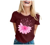 Camiseta con lazo rojo para concienciación sobre el cáncer de mama, parte superior suave para apoyo y solidaridad, pantalones a cuadros, Vino, XXL