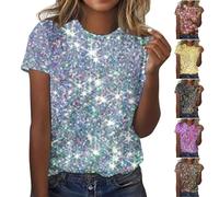 Camiseta con lentejuelas para mujer, camiseta extragrande, muy grande, deporte, mujer, cuello redondo, verano, manga corta, talla grande, gráfico, tops casuales, oro rosa, S