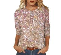Camiseta con purpurina para mujer, con lentejuelas 3/4, elegante, sexy, manga larga, blusas festivas, tallas grandes, plateadas, sueltas, túnica ligera, traje de Nochevieja, blusa de moda para