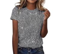 Camiseta con Purpurina para Mujer, con Lentejuelas, Blusa Festiva, Manga Corta, Camiseta Holgada, Transpirable, Parte Superior para Fiesta de Noche, Boda, Blusa, Ropa de Calle Regalos