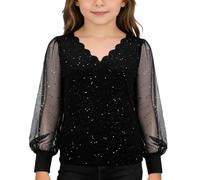 Camiseta con purpurina para niñas y niños, con lentejuelas, manga 3/4, transpirable, parte superior con purpurina, para carnaval, festivales, fiestas, camisetas, O negro., 130 cm