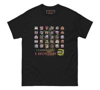 Camiseta con texto en inglés "I Came, I Saw, I Hunted", camiseta de tributo a los fanáticos con cuadrícula de iconos de monstruos, camisa de algodón unisex para convenciones, estilo gamer, inspirada