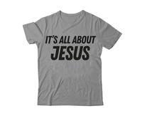 Camiseta con texto en inglés "It's All About Jesus", camiseta cristiana con estampado gráfico clásico para mujeres y hombres con cuello en V, Gris-1, L