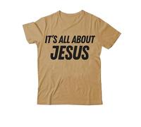 Camiseta con texto en inglés "It's All About Jesus", camiseta cristiana con estampado gráfico clásico para mujeres y hombres con cuello en V, Caqui-1, S