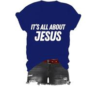 Camiseta con texto en inglés "It's All About Jesus", camiseta cristiana con estampado gráfico clásico para mujeres y hombres con cuello en V, Azul Zafiro, XL