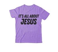 Camiseta con texto en inglés "It's All About Jesus", camiseta cristiana con estampado gráfico clásico para mujeres y hombres con cuello en V, Morado-1, XL