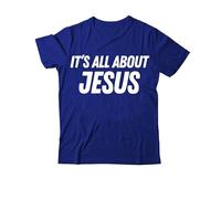 Camiseta con texto en inglés "It's All About Jesus", camiseta cristiana con estampado gráfico clásico para mujeres y hombres con cuello en V, Azul zafiro-1, M