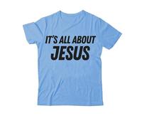 Camiseta con texto en inglés "It's All About Jesus", camiseta cristiana con estampado gráfico clásico para mujeres y hombres con cuello en V, Azul cielo-1, S
