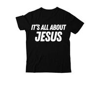Camiseta con texto en inglés "It's All About Jesus", camiseta cristiana con estampado gráfico clásico para mujeres y hombres con cuello en V, Negro-1, L