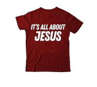 Camiseta con texto en inglés "It's All About Jesus", camiseta cristiana con estampado gráfico clásico para mujeres y hombres con cuello en V, Claret-1, S