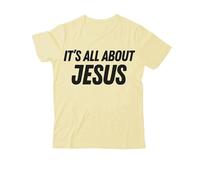 Camiseta con texto en inglés "It's All About Jesus", camiseta cristiana con estampado gráfico clásico para mujeres y hombres con cuello en V, Amarillo cremoso-1, XXL