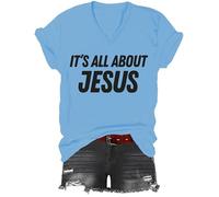 Camiseta con texto en inglés "It's All About Jesus", camiseta cristiana con estampado gráfico clásico para mujeres y hombres con cuello en V, azul celeste, XXL