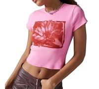 Camiseta corta con estampado de loto Y2k para mujer, manga corta, cuello redondo, camiseta de verano ajustada para la calle, Rosa Roja, S