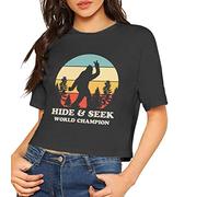 Camiseta corta de manga corta para mujer, básica, retro, Bigfoot Hide & Seek, campeón del mundo, blusa suelta, Negro, XL