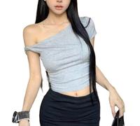 Camiseta corta de manga corta para mujer, con nudo torcido, asimétrica, hombros descubiertos, ajustada, color sólido, ropa de calle, para primavera, verano, ropa casual, blanco, negro, gris (M gris)