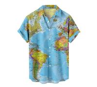 Camiseta corta para hombre con estampado de mapa de primavera y verano, solapa totalmente impresa, pecho con bolsillo, ajuste regular, elegante e informal, azul celeste, XL