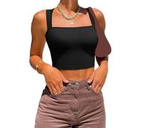 Camiseta corta sin mangas para mujer, cuello cuadrado, camiseta básica de punto acanalado, sin costuras, camiseta elástica para mujer, Negro, M