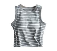 Camiseta corta sin mangas para mujer, de verano, a la moda, Y2K, cuello redondo, sin mangas, a rayas, atlética, recortada, informal, para gimnasio, primavera, correr, básica, bonita moda, gris, XL