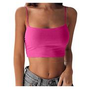 Camiseta corta sin mangas para mujer, lisa, de algodón, sin mangas, sin espalda, para salir, ropa de verano, tirantes delgados, para mujer, hot pink, M