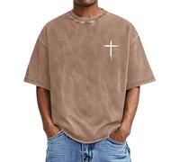 Camiseta cristiana de talla grande para hombre, lavado vintage, camiseta cruzada, camiseta medieval, vikinga, informal, holgada, transpirable, parte superior, primer colegio, manga corta, marrón, 4XL