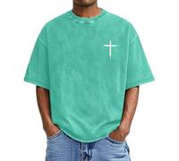 Camiseta cristiana de talla grande para hombre, lavado vintage, camiseta cruzada, camiseta medieval, vikinga, informal, holgada, transpirable, parte superior, primer colegio, manga corta, verde, S