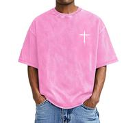 Camiseta cristiana de talla grande para hombre, lavado vintage, camiseta cruzada, camiseta medieval, vikinga, informal, holgada, transpirable, parte superior, primer colegio, manga corta, Rosa., S