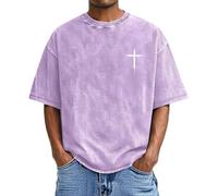 Camiseta cristiana de talla grande para hombre, lavado vintage, camiseta cruzada, camiseta medieval, vikinga, informal, holgada, transpirable, parte superior, primer colegio, manga corta, Light purple