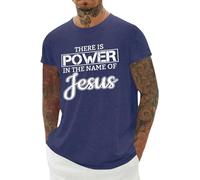 Camiseta cristiana para hombre, con texto en inglés "There is Power in The Name of Jesus", camisetas religiosas informales, camisetas básicas de manga corta, Lago Azul, L